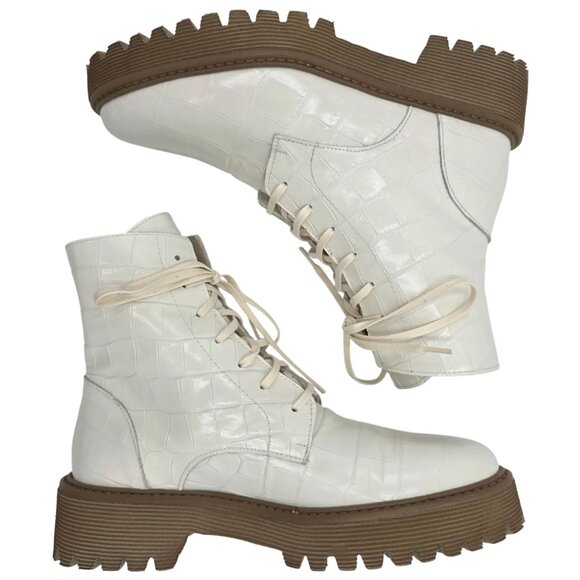 NEW Freda Salvador Emi Combat Boots Womens 5M Creme Leather Croc Embossed Shoes - Picture 3 of 16